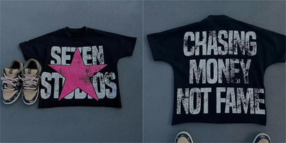 Vintage Chasing Money Not Fame Graphic T-Shirt Cropped Tees Co-Ed Top Graphic T Shirts Men Clothing