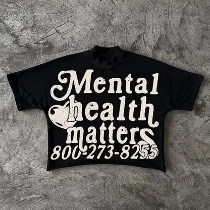 Mental Health Matters Graphics Cropped T-Shirts Men Y2K Short Sleeves Vintage Tshirt Streetwear Women Tops